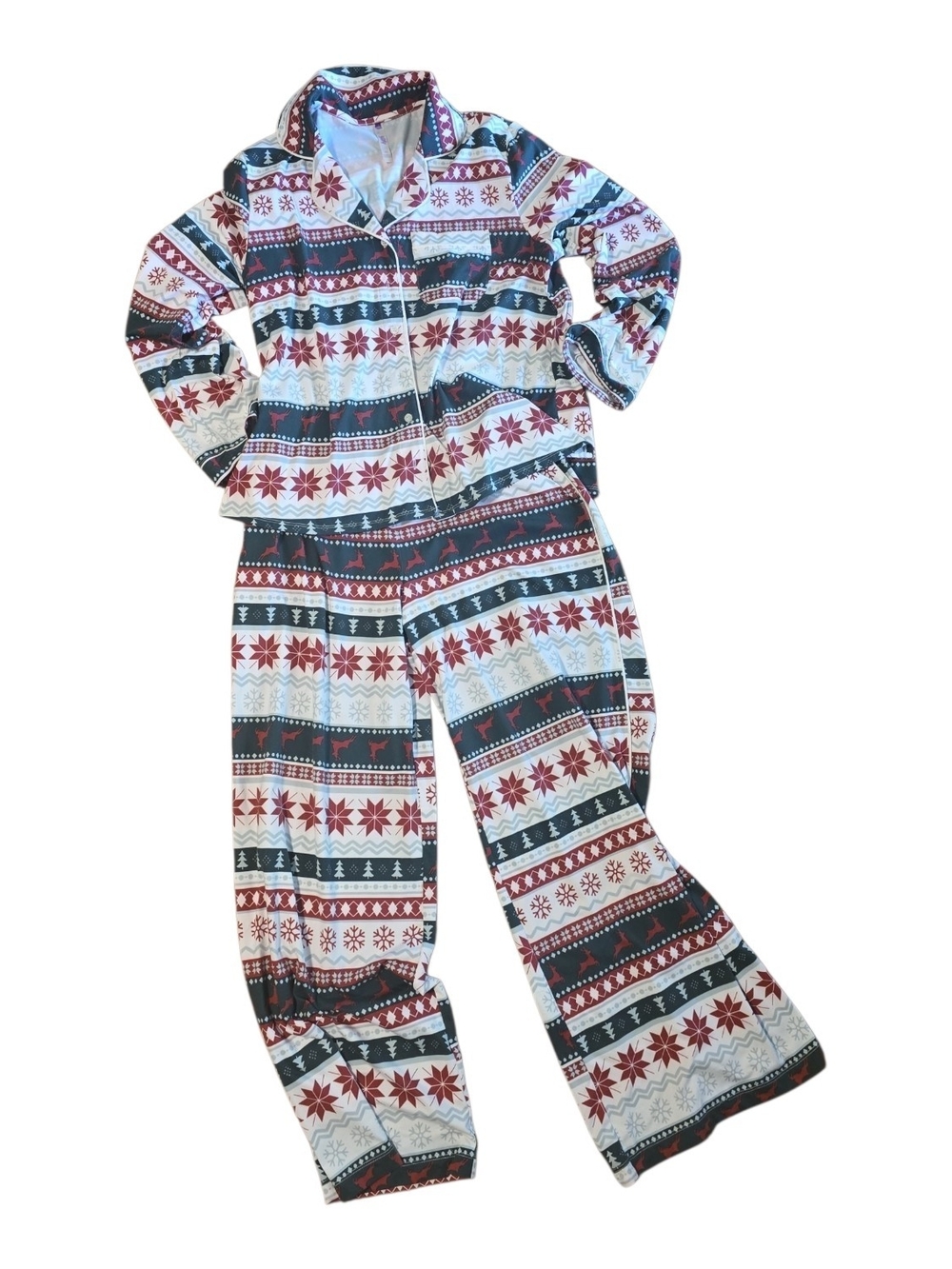 Fabletics Women's Festive Fair Isle Pajama Set - Red, Black & White